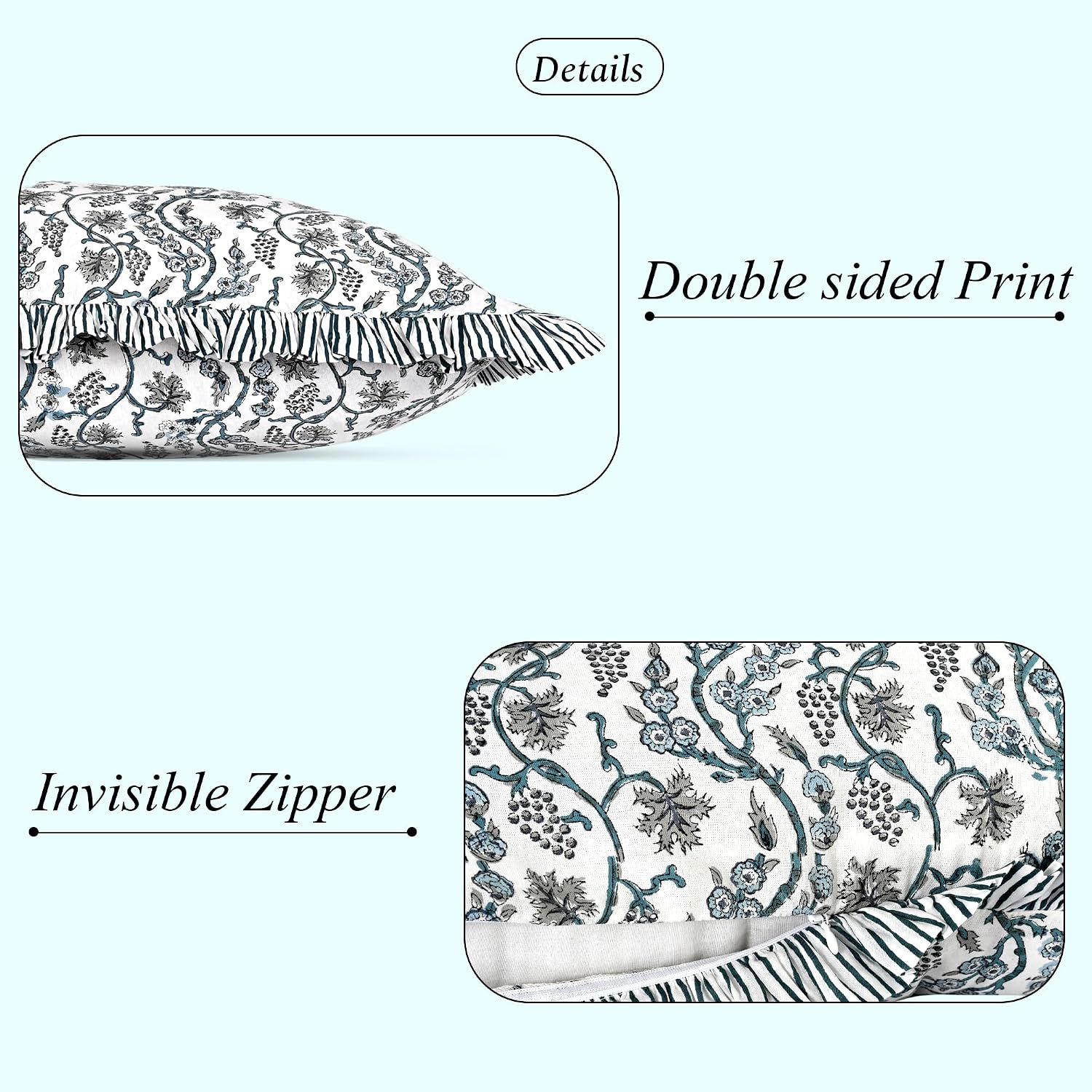 Ridhi Block Print Baby Blue Eyes 36"x14" Set 1-100% Cotton Ruffle Lumbar Sham Cover Boho Floral Pillowcase, Farmhouse Cottagecore…