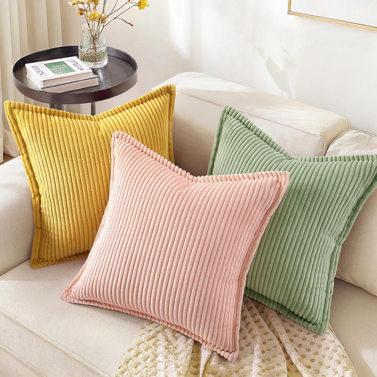 decorUhome Summer Corduroy Sage Green Euro Sham Throw Pillow Covers 22x22 Set of 2 Decorative Soft Boho Farmhouse Couch Pillow Covers for L…