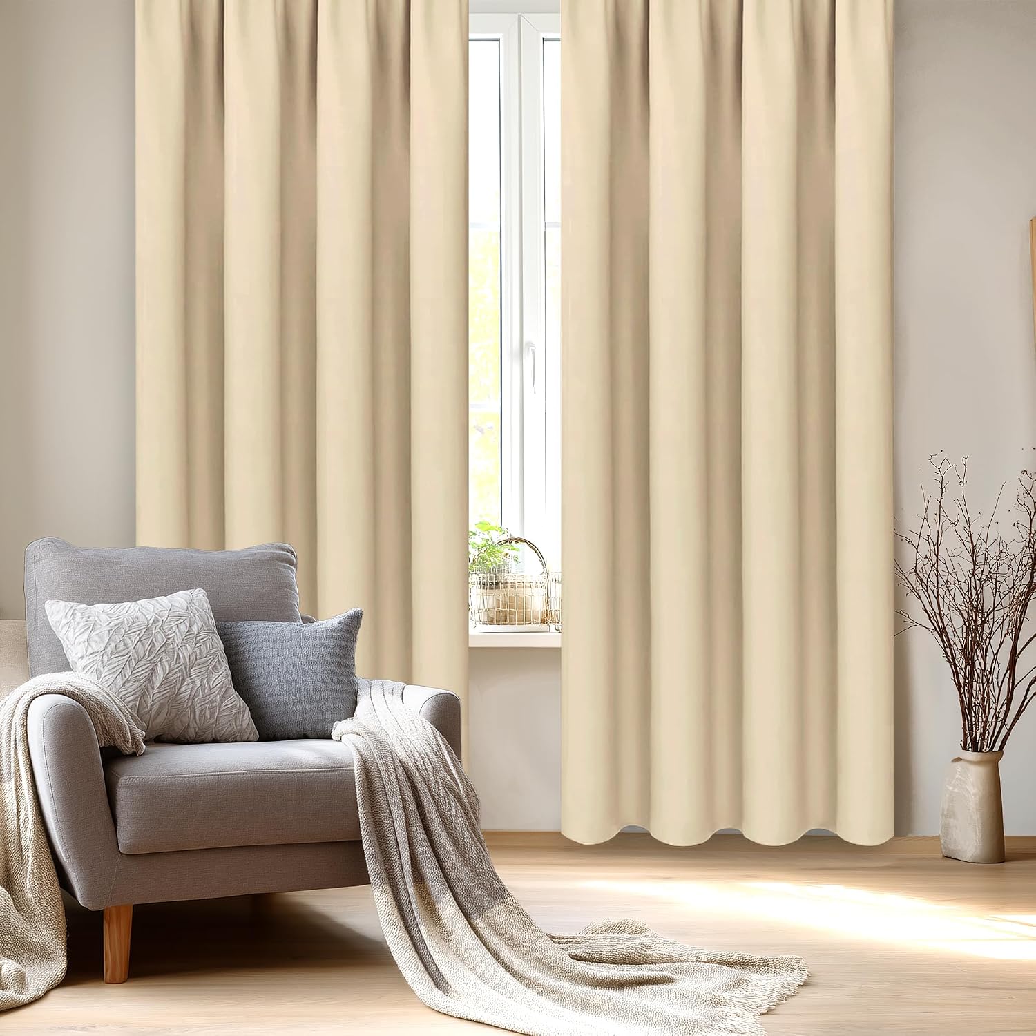 DWCN Insulated Blackout Curtains for Bedroom, Energy Saving Privacy Room Darkening Curtains for Living Room (W60 x L84 inch, Beige, Set…