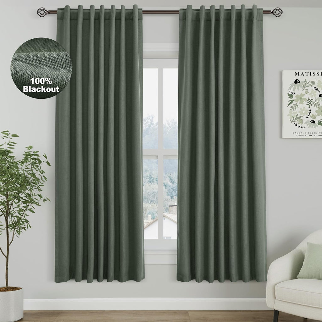 Nanspring Olive Green 100% Blackout Linen Curtains for Bedroom 72 Inches Long Back Tab Thermal Insulated Modern Farmhouse Decor Black Out C…