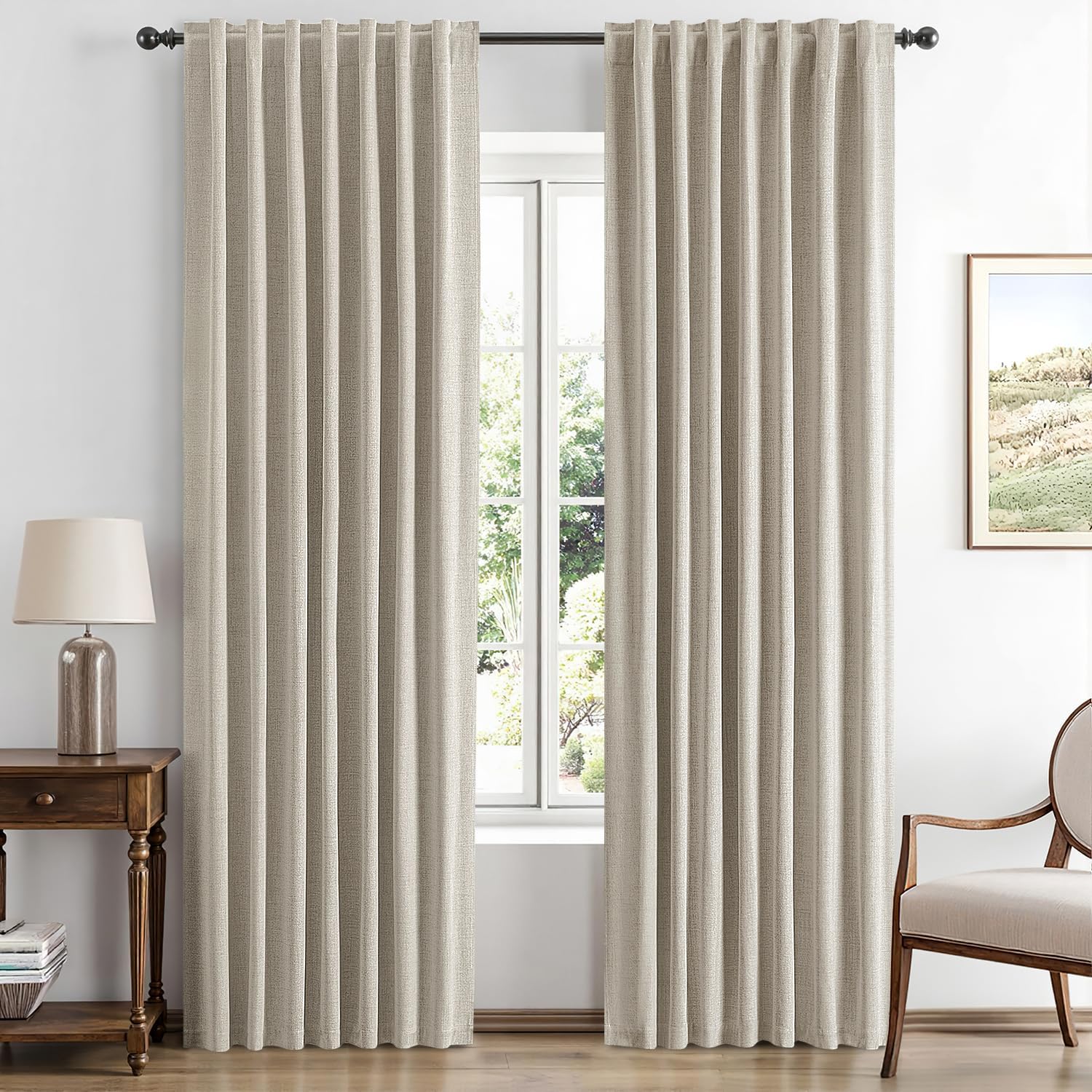 Miulee 100% Blackout Linen Curtains for Bedroom, Stone Solid Luxury Decor Thermal Insulation Room Darkening Drapes for Living Room Nursery…