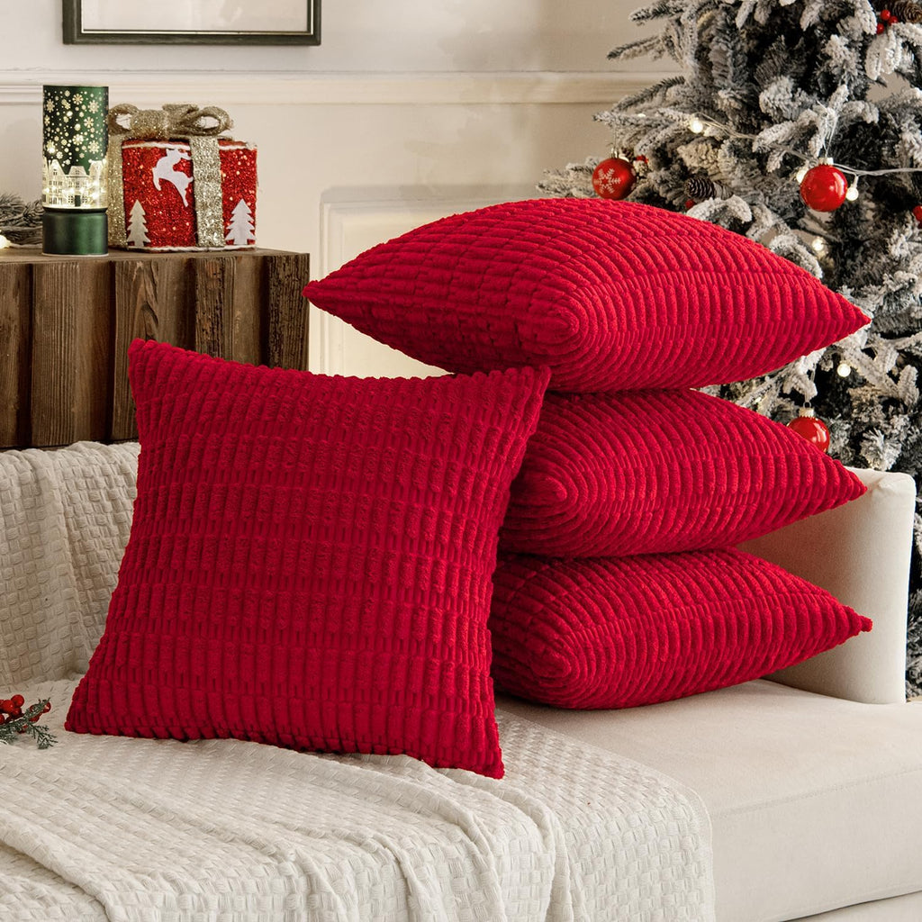 Miulee Pack of 4 Christmas Red Corduroy Decorative Throw Pillow Covers 20x20 Inch Soft Boho Striped Pillow Covers Modern Farmhouse Home Dec…