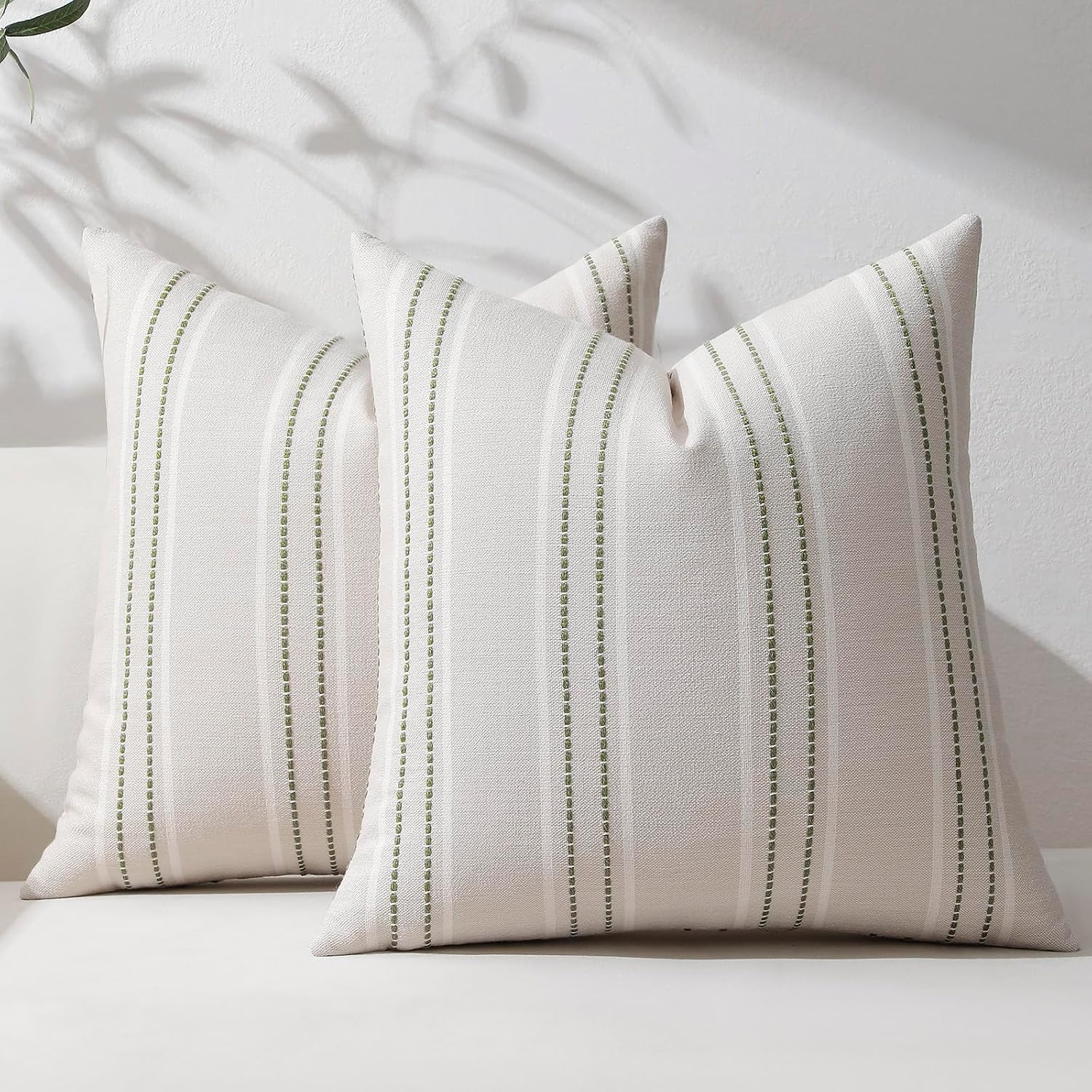 Hckot Spring Decorative Pillow Covers 18x18 Striped Throw Pillows Textured Linen Green Pillow Covers Farmhouse Decor Cushion Covers for…