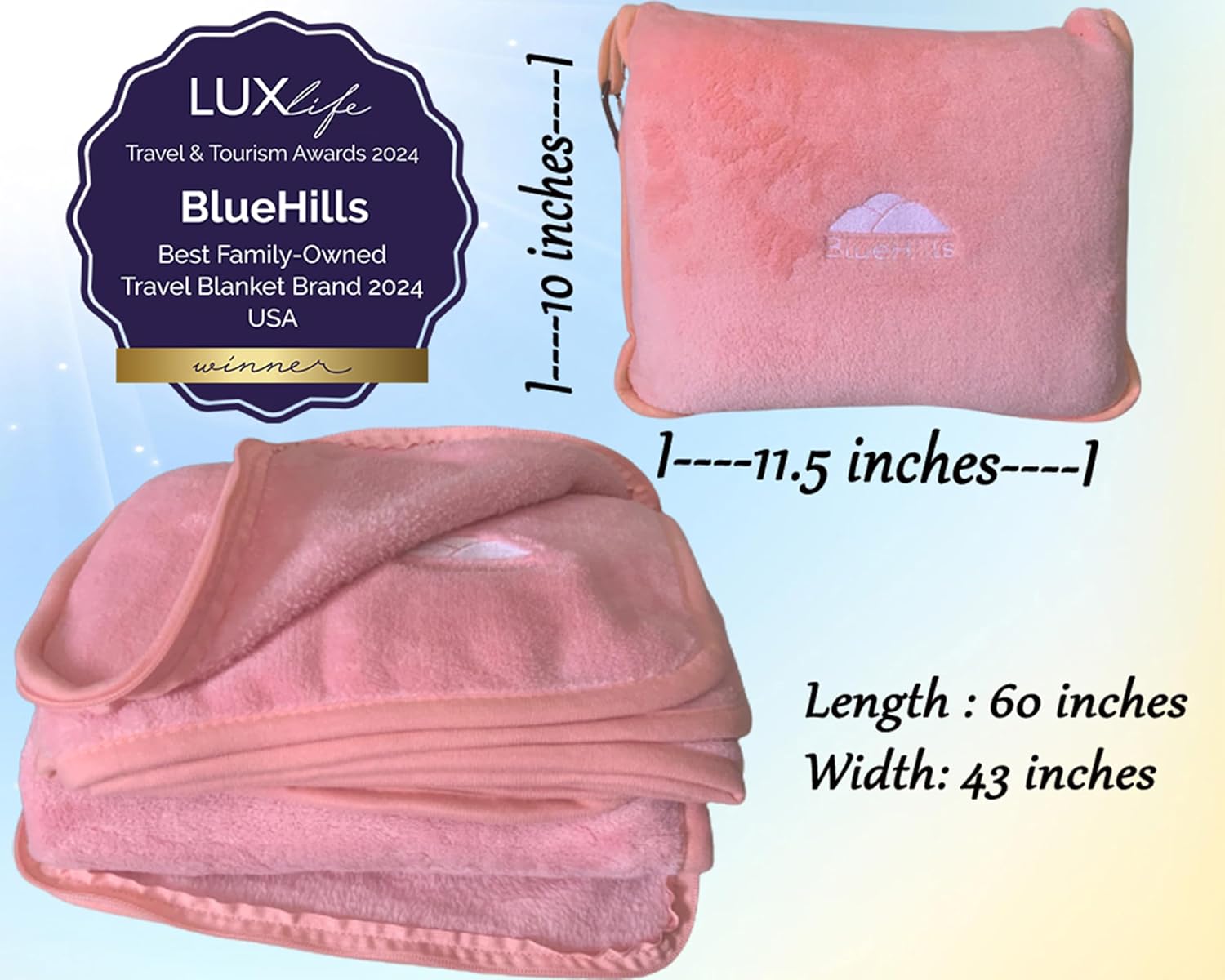 BlueHills Premium Soft Travel Blanket Pillow Airplane Blanket in Soft Bag case with Hand Luggage Belt and Carabiner Compact Pack Large…