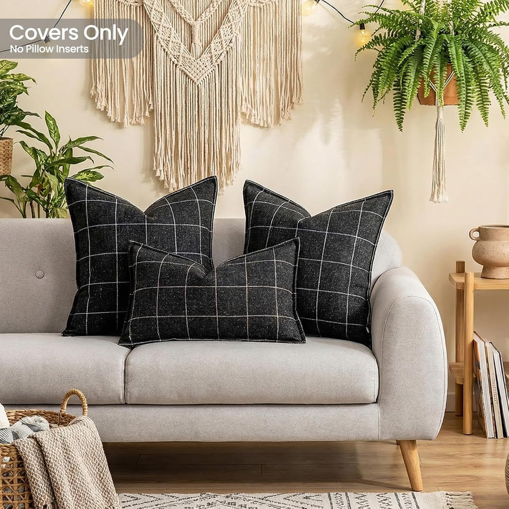 CARRIE HOME Black and White Plaid Boho Throw Pillow Covers 18x18 Set of 2, Modern Farmhouse Buffalo Checkered Decorative Linen Pillow…