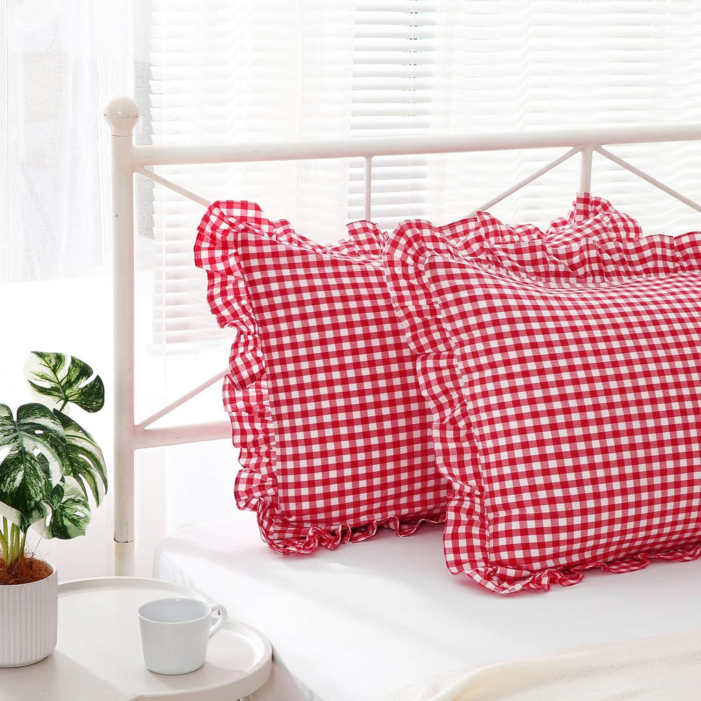 Kmasaniji 2 Pack Red White Plaid Ruffle Gingham Pillow Shams Standard Size, 100% Washed Cotton Buffalo Checkered Farmhouse Bed Pillow Cover…