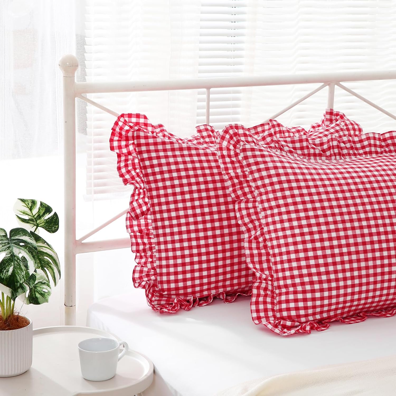 Kmasaniji 2 Pack Red White Plaid Ruffle Gingham Pillow Shams Standard Size, 100% Washed Cotton Buffalo Checkered Farmhouse Bed Pillow Cover…