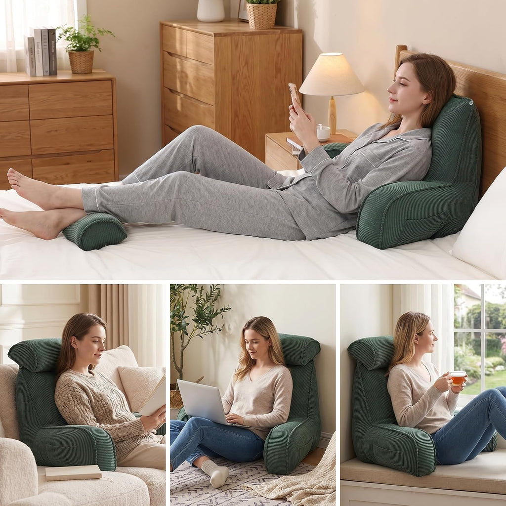 Ailuteie Sit Up Reading Pillow, Backrest Pillow with Arms, Corduroy Back Support Cushion with Side Pockets & Washable Cover, Bed Rest Suppo…