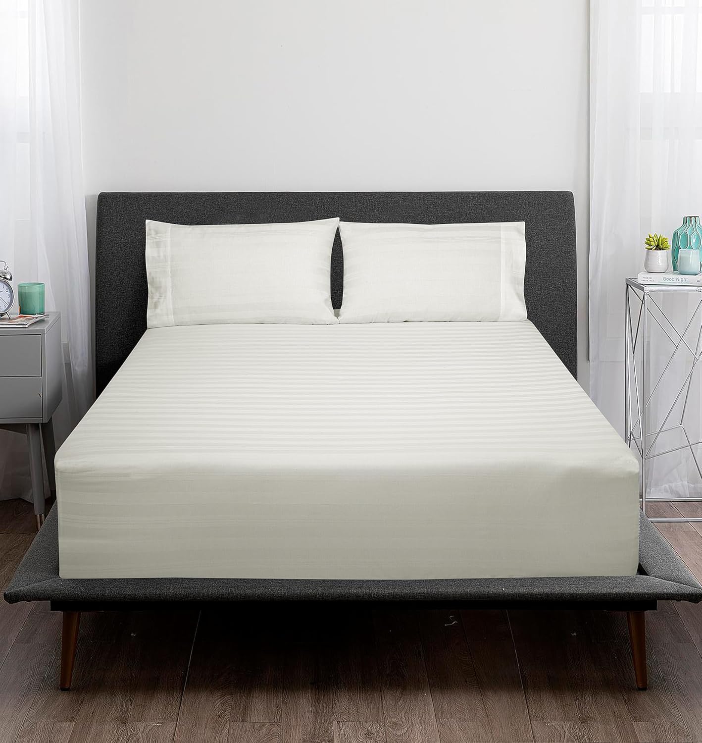 Royalelinens ROYALE LINENS 300 Thread Count 100% Long Staple Combed Cotton Striped Sheet Set - 4 Piece King Bed Sheets - 1 Fitted, 1 Flat &…