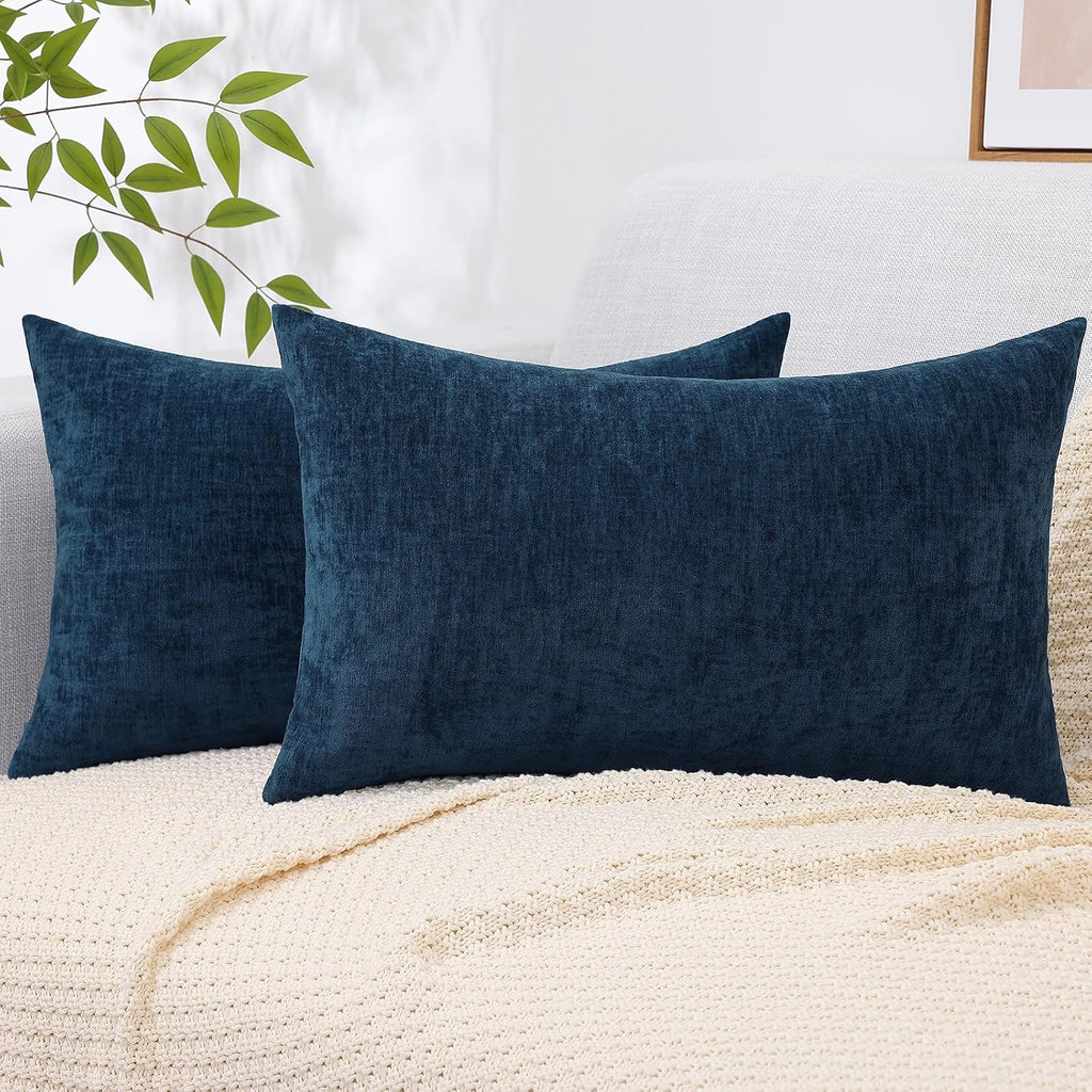 decorUhome Chenille Navy Blue Summer Throw Pillow Covers 12x20 Inch Set of 2, Decorative Soft Couch Pillow Covers Solid Dyed Accent Farmhou…