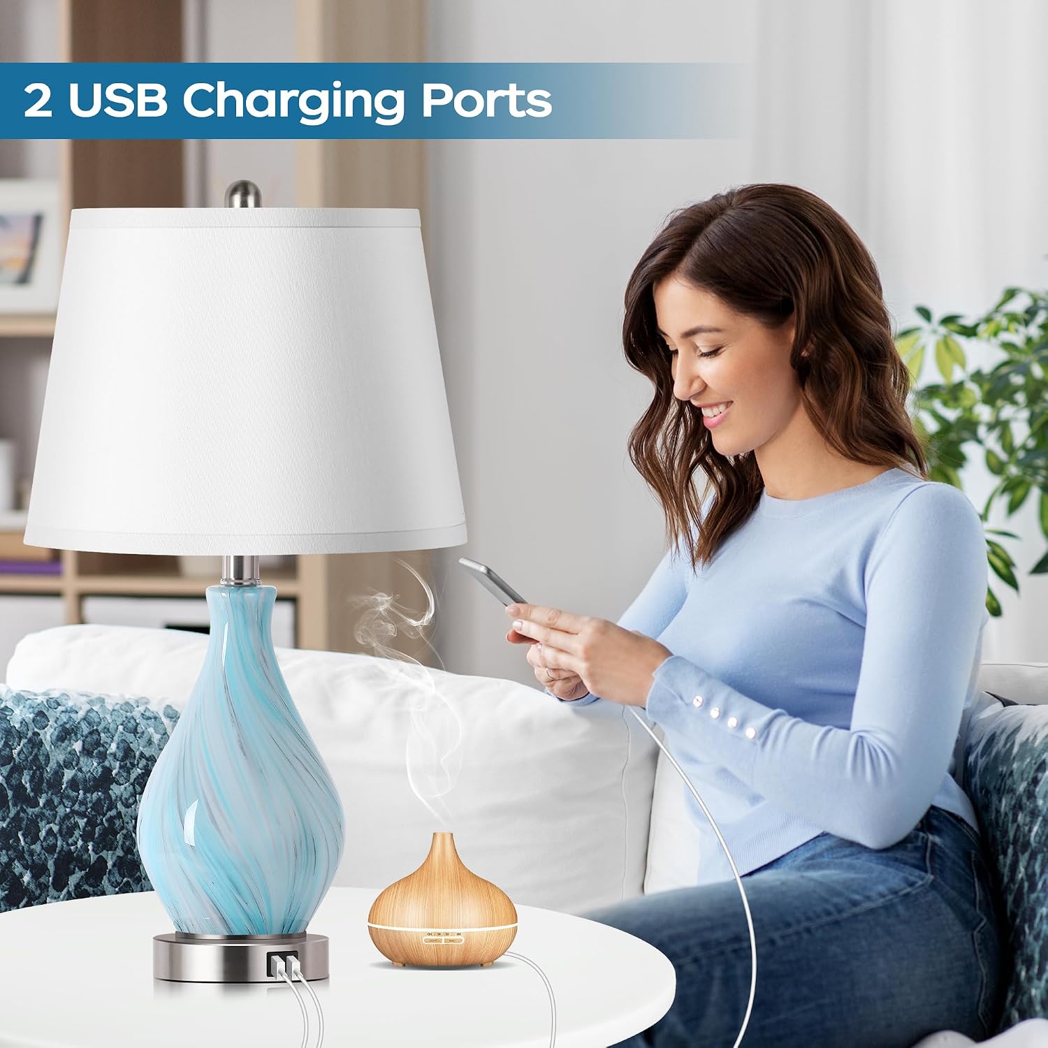 Modern Accent Table Lamp Set of 2 Touch Control, 22" Faded Swirl Blue Gray Art Glass Bedside Lamp with USB Ports, 3-Way Dimmable Hand…