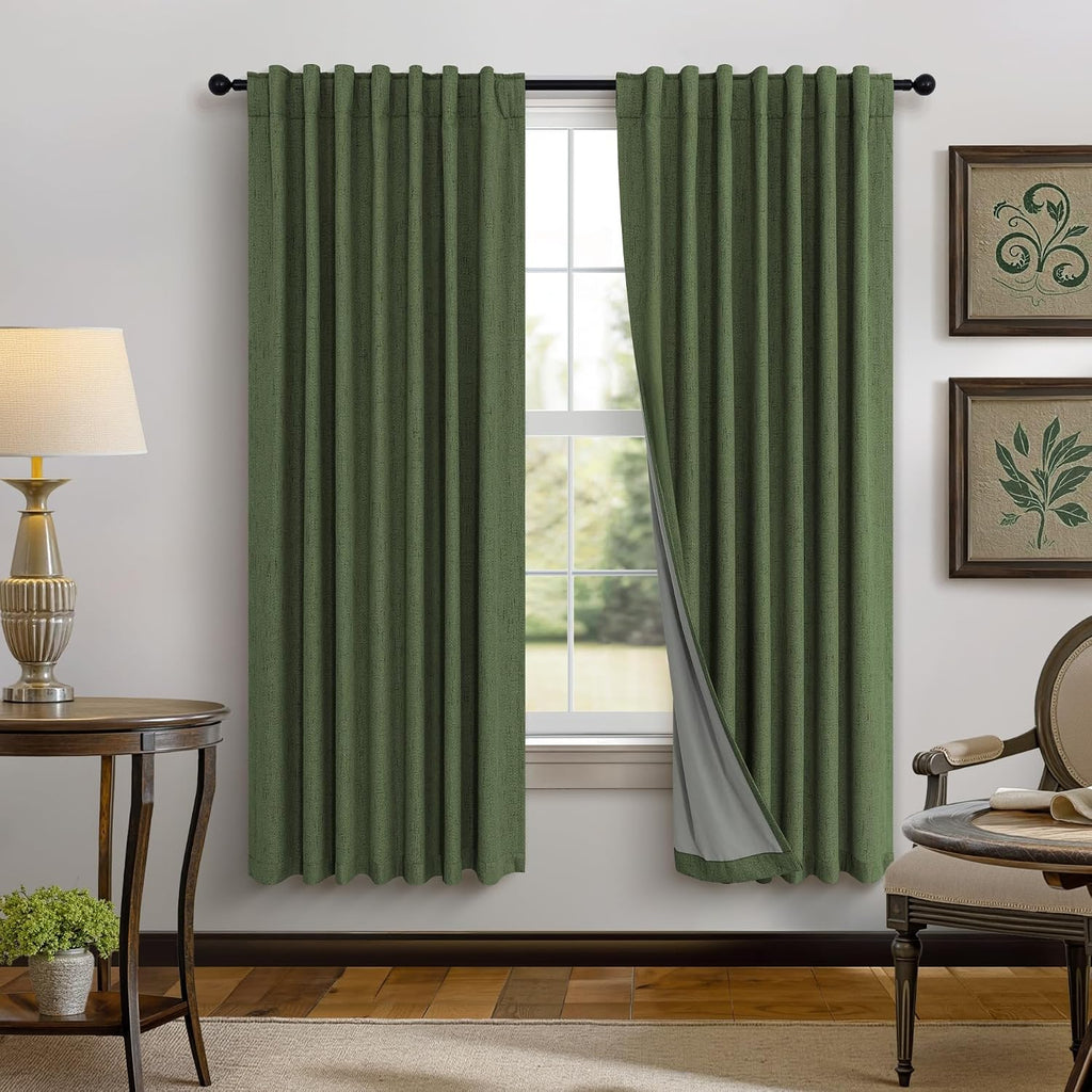 Pitalk Ptialk Elegant Blackout Curtains for Living Room Eclectic Moody Dark Olive Green Linen Curtains 72 Inch Length 2 Panels Set Long Dra…