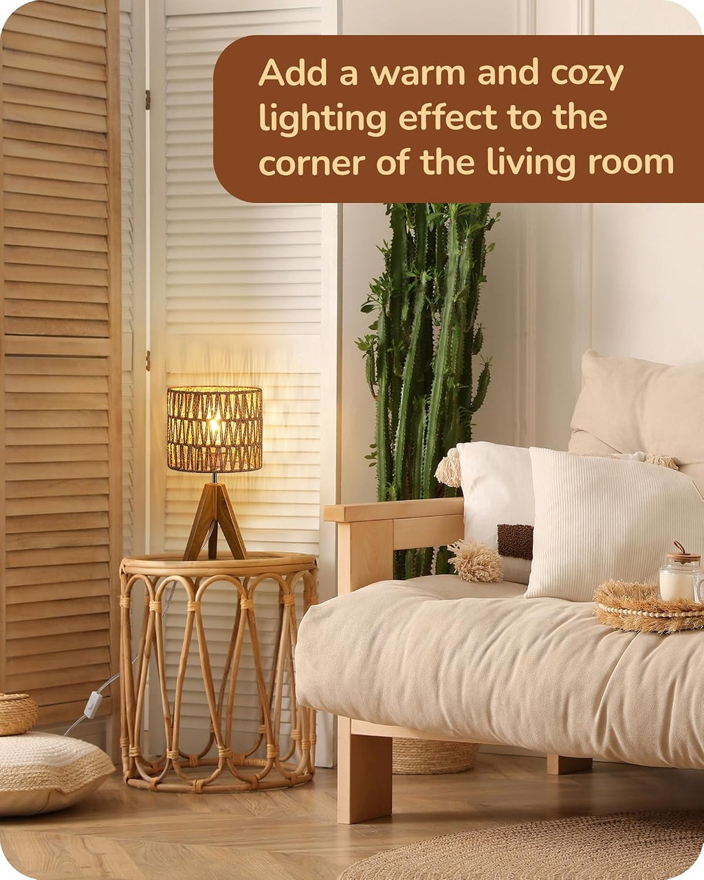 EDISHINE Small Table Lamp, Rattan Wood Tripod Bedside Lamp, Boho Nightstand Lamp for Living Room, End Table, Office, E26 Base, Natural Style