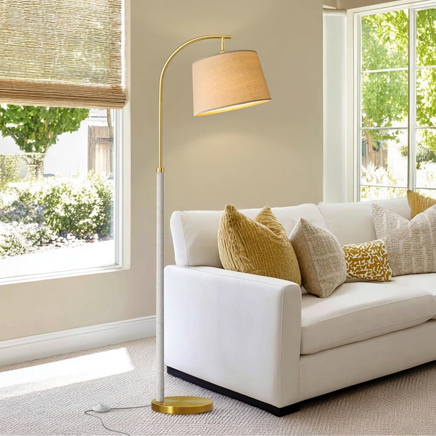 G-SAFAVA 63" Wood Floor Lamps for Living Room with Foot Switch Arc Tall Standing Lamp for Bedroom Mid Century Modern Corner Gold Floor…