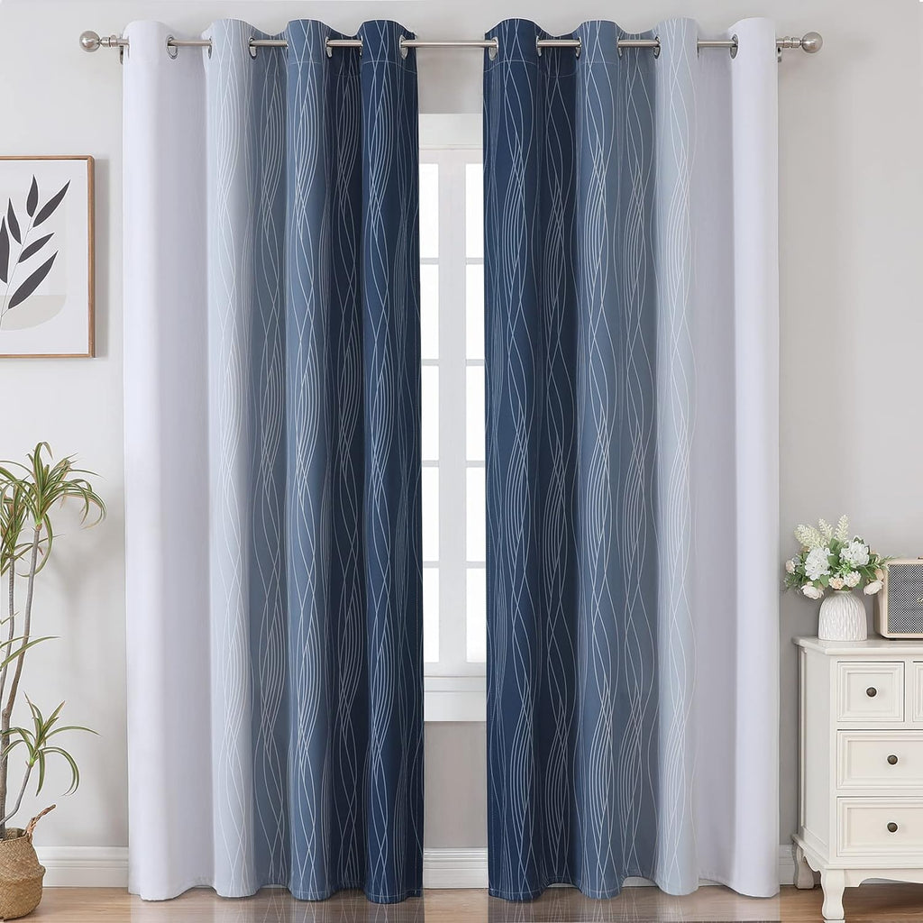 Estelartextiler Estelar Textiler Navy Blue and Greyish White Blackout Curtains for Bedroom 84 Inches Long, Full Room Darkening Grommet Curt…