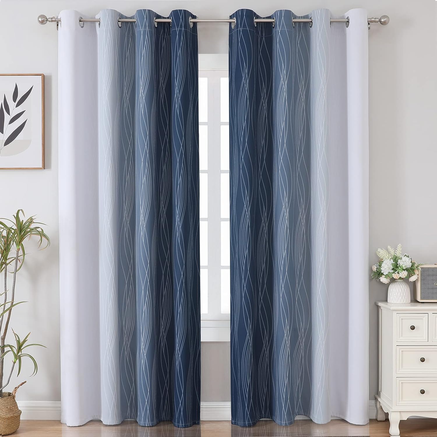 Estelartextiler Estelar Textiler Navy Blue and Greyish White Blackout Curtains for Bedroom 84 Inches Long, Full Room Darkening Grommet Curt…