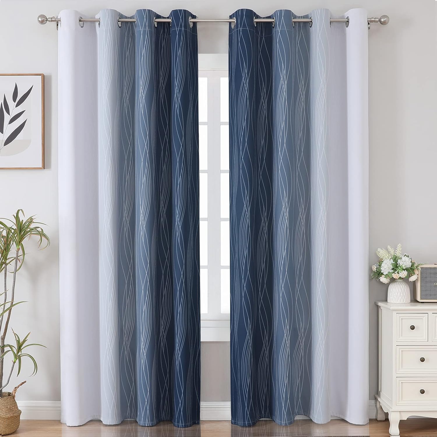 Estelartextiler Estelar Textiler Blackout Curtains 102 Inches Long 2 Panels for Living Room, Navy Blue and Greyish White Thermal Insulated…