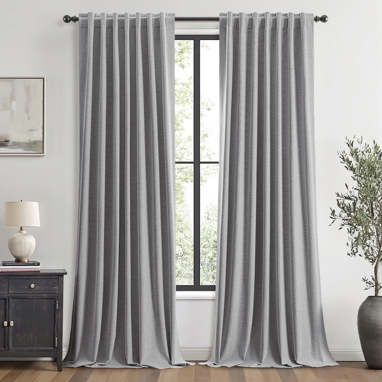 Miulee 100% Blackout Linen Curtains for Bedroom, Glacier Gray Solid Luxury Decor Thermal Insulation Room Darkening Drapes for Living Room N…