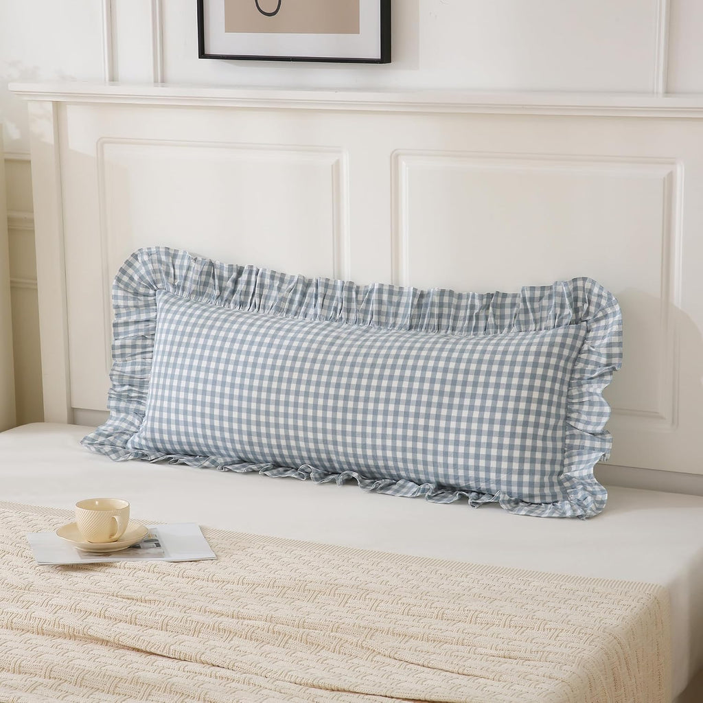 Qilunn Light Blue/White Ruffled Long Lumbar Gingham Pillow Sham 14x36 inches 1 Piece, Pure Cotton Decor Pillowcase Farmhouse Vintage Cushio…
