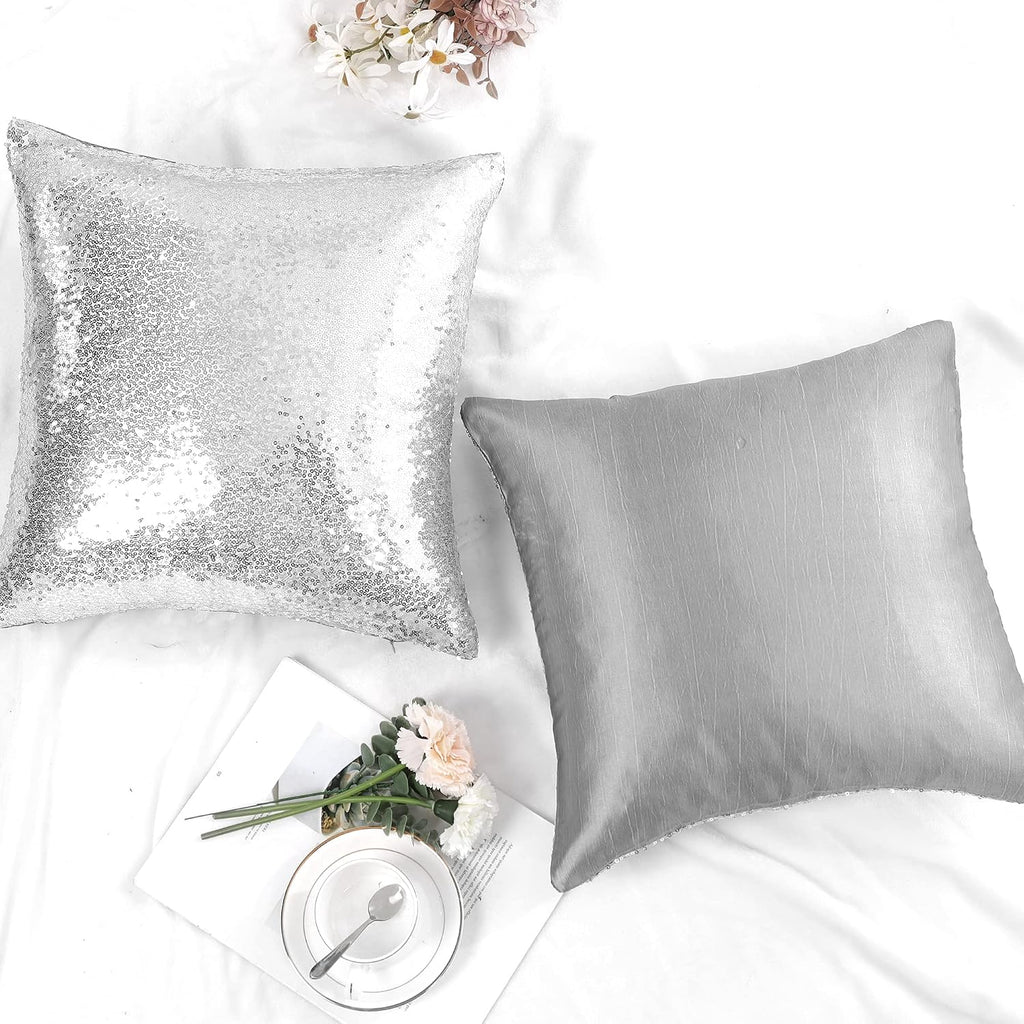 uxcell 2 Pcs Silver Tone Sequin Throw Pillow Covers, Shiny Sparkling Comfy Satin Sequin Cushion Covers, Decorative Pillowcases for…