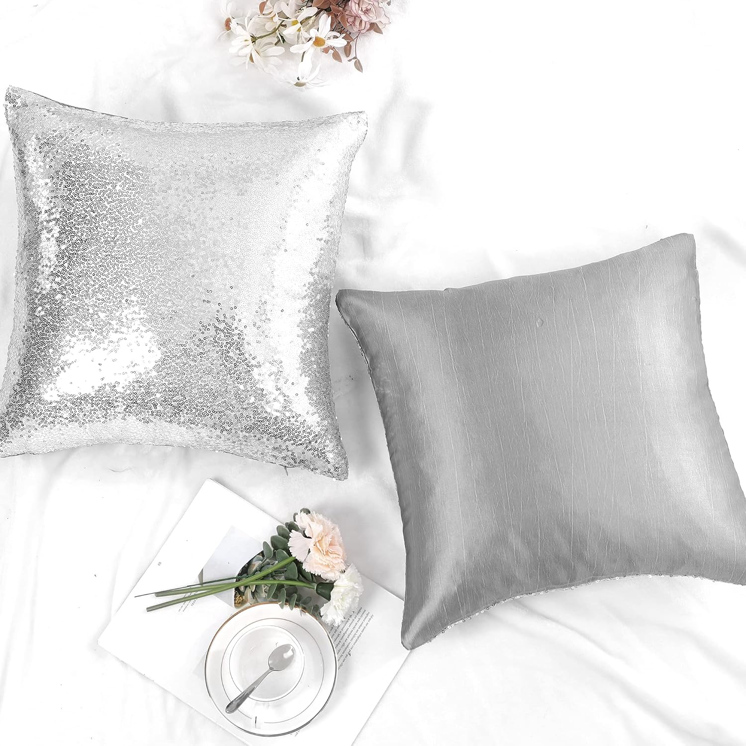 uxcell 2 Pcs Silver Tone Sequin Throw Pillow Covers, Shiny Sparkling Comfy Satin Sequin Cushion Covers, Decorative Pillowcases for…