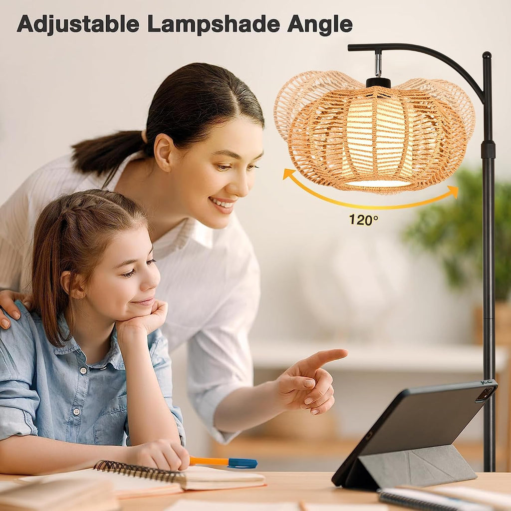 ZECOXOL Arc Floor Lamps for Living Room Bedroom Rattan Boho Floor Lamp with Remote Control, Dimmable Led Standing Lamp Wicker Lamp Shade…