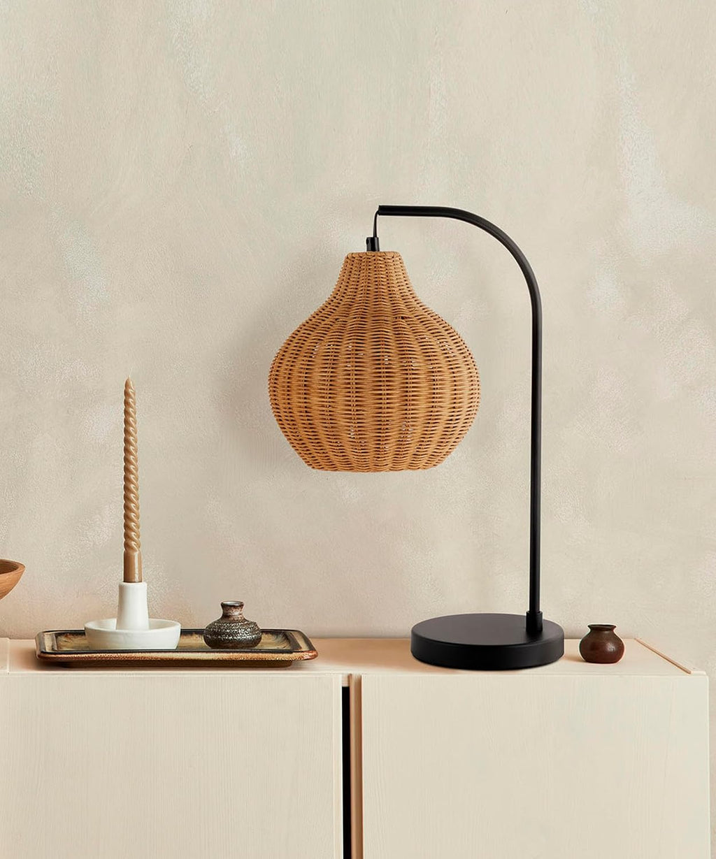 Harvestland Sunwoven 20” Boho Table Lamp – Woven nightstand lamp, Rattan Lamp with Curved Black Metal Frame for Bedside Lamp, Wicker lamp f…