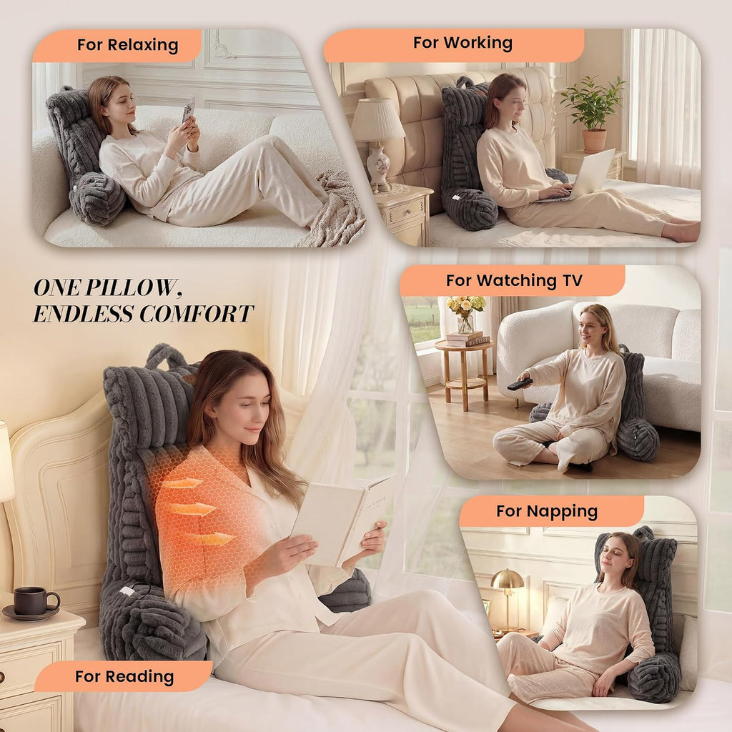 Amélie Home Heated Faux Fur Reading Pillow 3 Temperature Backrest for Sitting in Bed Support Cushion, USB-Powered(No Power Bank Included)…
