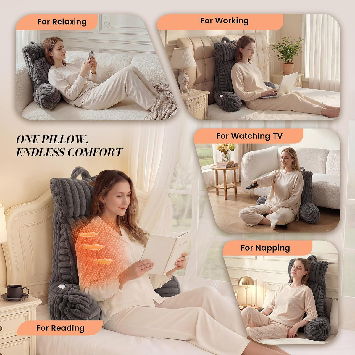 Amélie Home Heated Faux Fur Reading Pillow 3 Temperature Backrest for Sitting in Bed Support Cushion, USB-Powered(No Power Bank Included)…