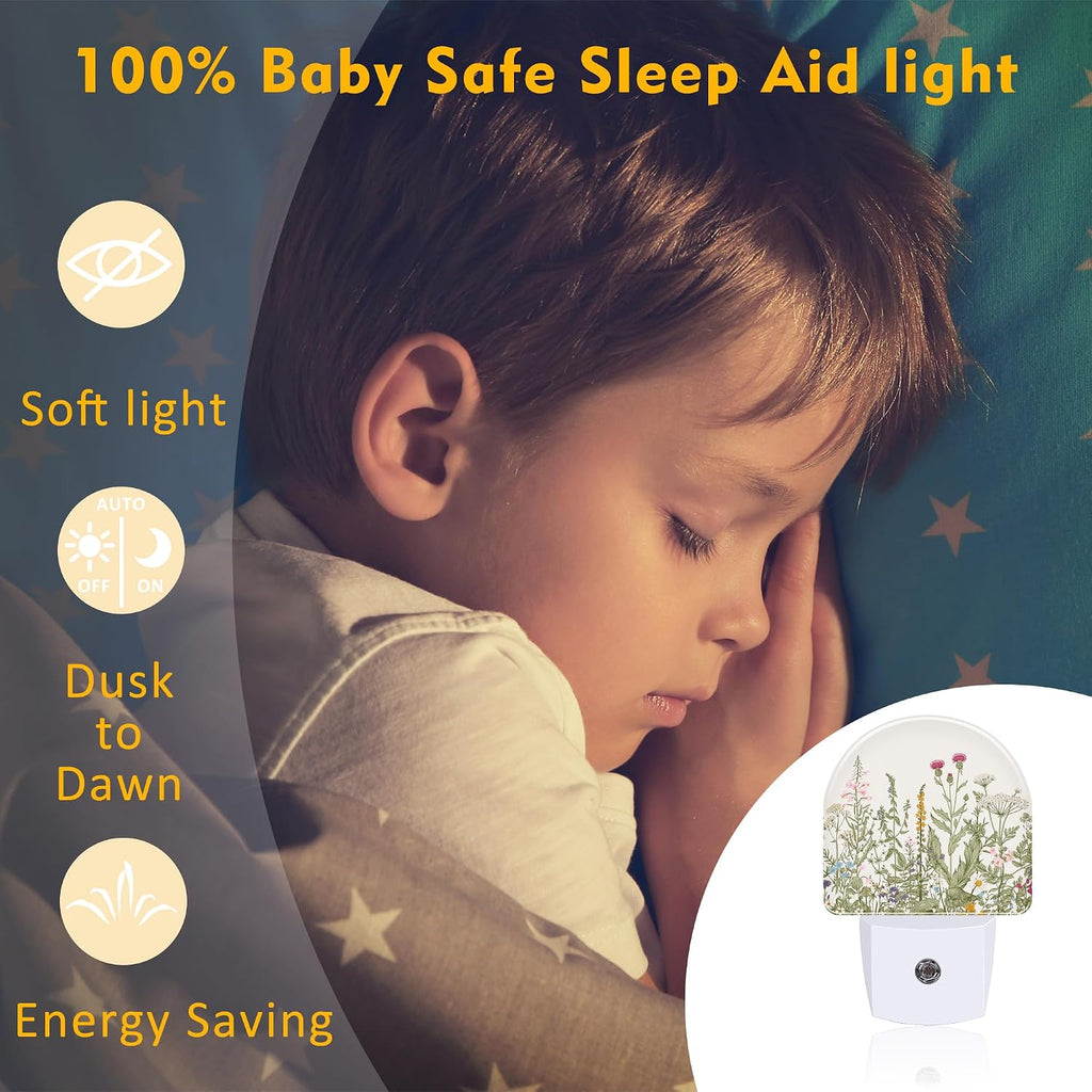 Herbs and Wild Flowers Night Light for Kids, Watercolor Green Botanical Floral Leaves Night Light Plug in with Dusk to Dawn Sensor,0.5w…