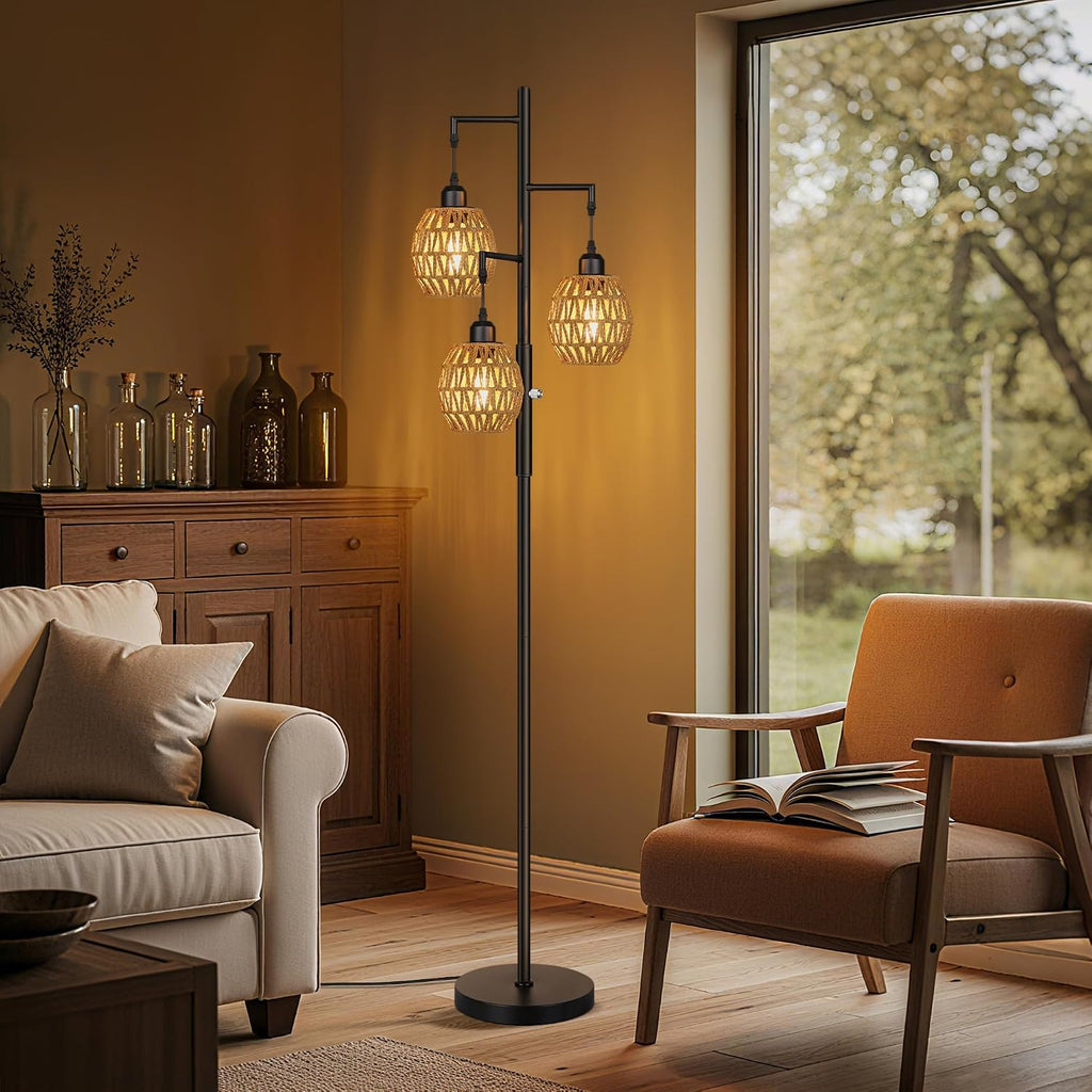 ROTTOGOON Dimmable Boho Floor Lamp - 3 Light Farmhouse Rattan Floor Lamps for Living Room, Tree Floor Lamps with Bohemian lampshades…