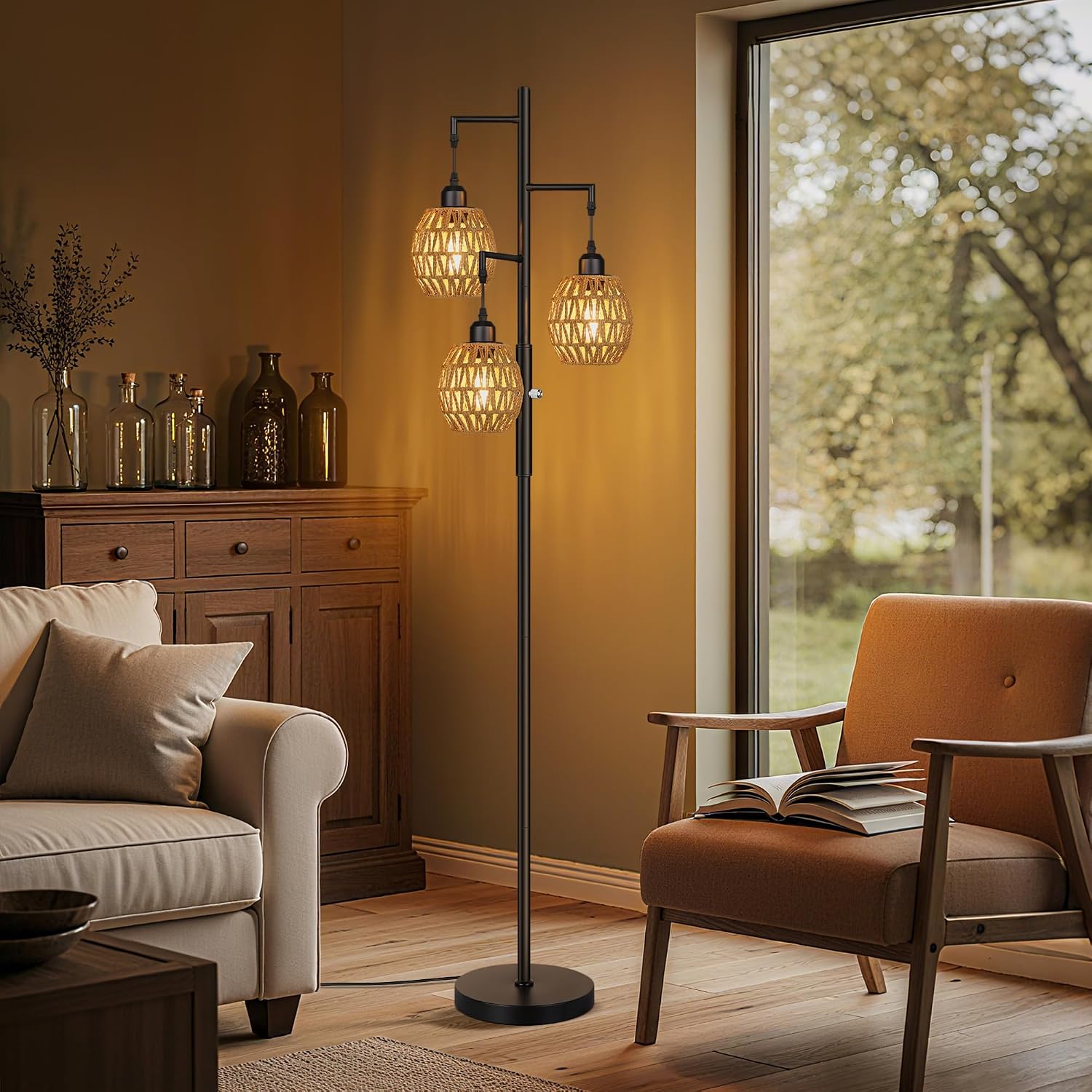 ROTTOGOON Dimmable Boho Floor Lamp - 3 Light Farmhouse Rattan Floor Lamps for Living Room, Tree Floor Lamps with Bohemian lampshades…