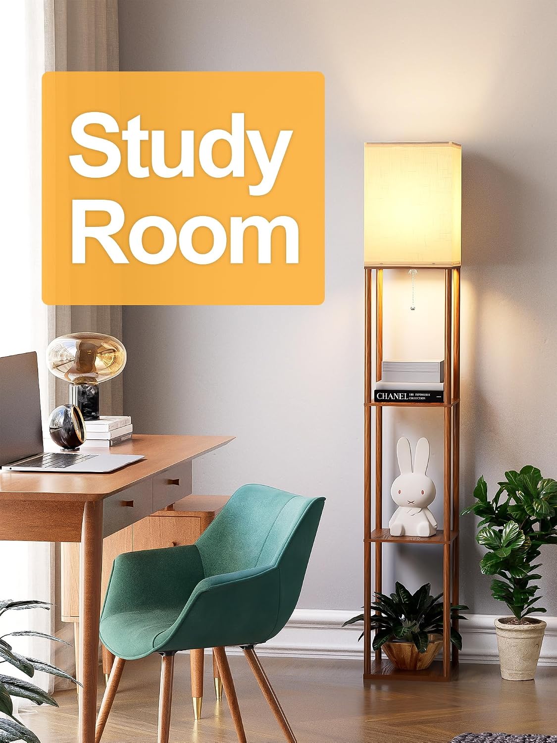 Floor Lamp with Shelves for Living Room Walnut Brown, Shelf Floor Lamp with 3 CCT LED Bulb, Corner Display Standing Column Lamp Etagere…