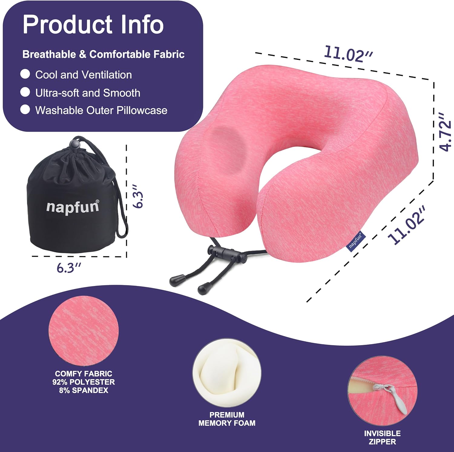 napfun Neck Pillow for Traveling, Upgraded Travel Neck Pillow for Airplane 100% Pure Memory Foam Travel Pillow for Flight Headrest Sleep…