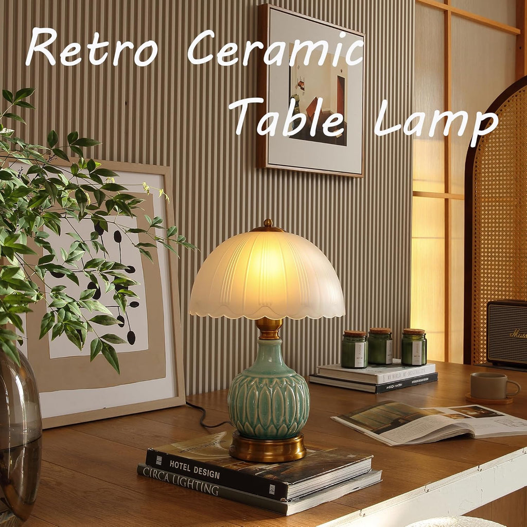 Glivpny Vintage Table Lamp for Living Room,16" Mid Century Modern Ceramic Lamps for Bedroom, Retro Bedside Nightstand Mushroom Glass…
