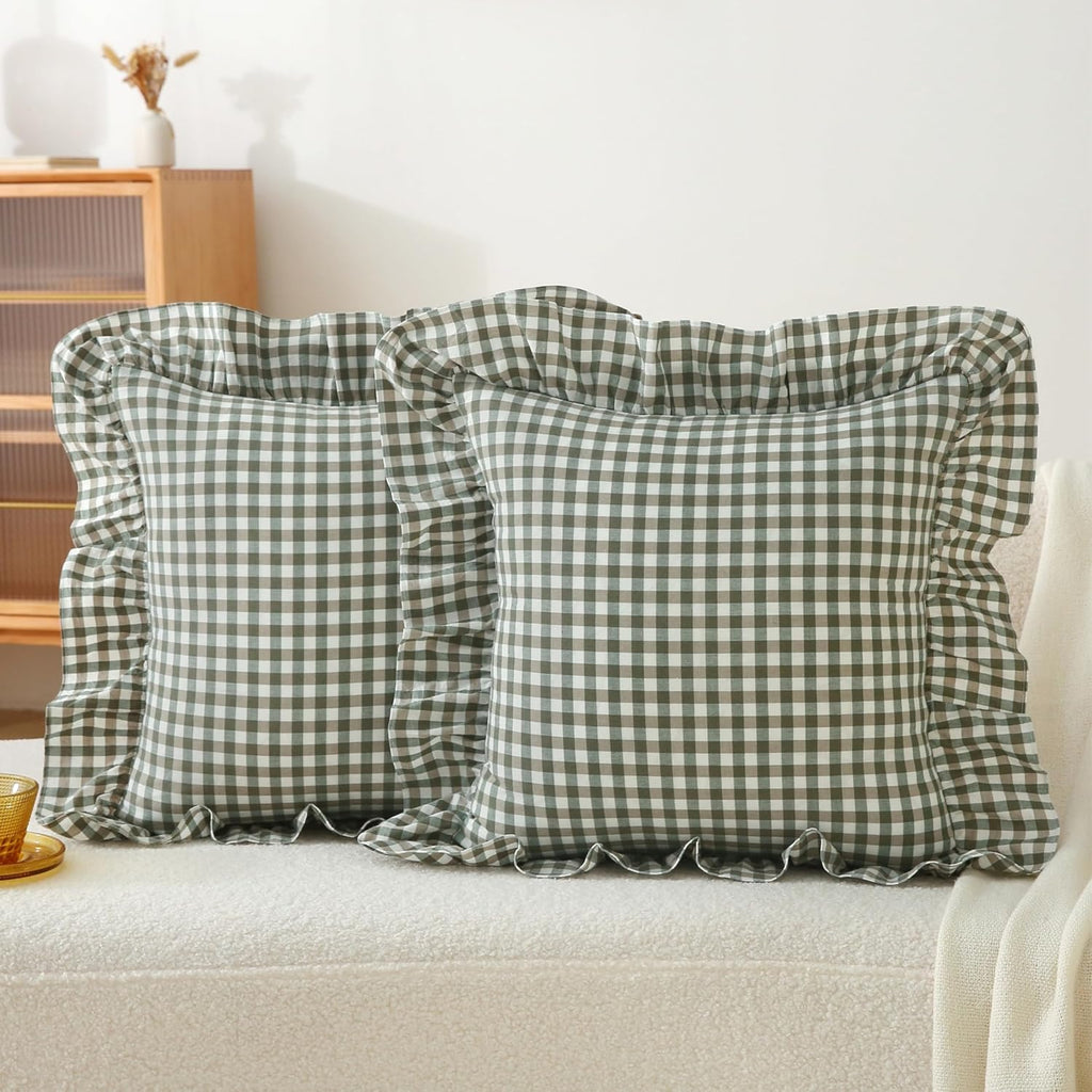 Jilboo 2 Pack 18 x18 inches Sage Green/White Checkered Throw Pillow Covers 100% Washed Cotton Vintage Ruffle Trim Decorative Gingham Pillow…