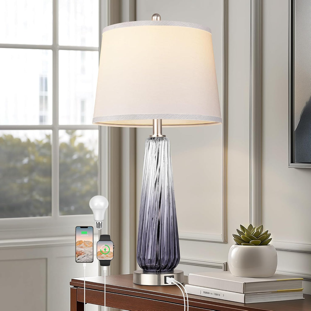 Glass Table Lamps for Living Room, Modern Bedside Lamps with USB A+C Ports, 3-Way Dimmable Touch Control Nightstand Lamp with White Linen…