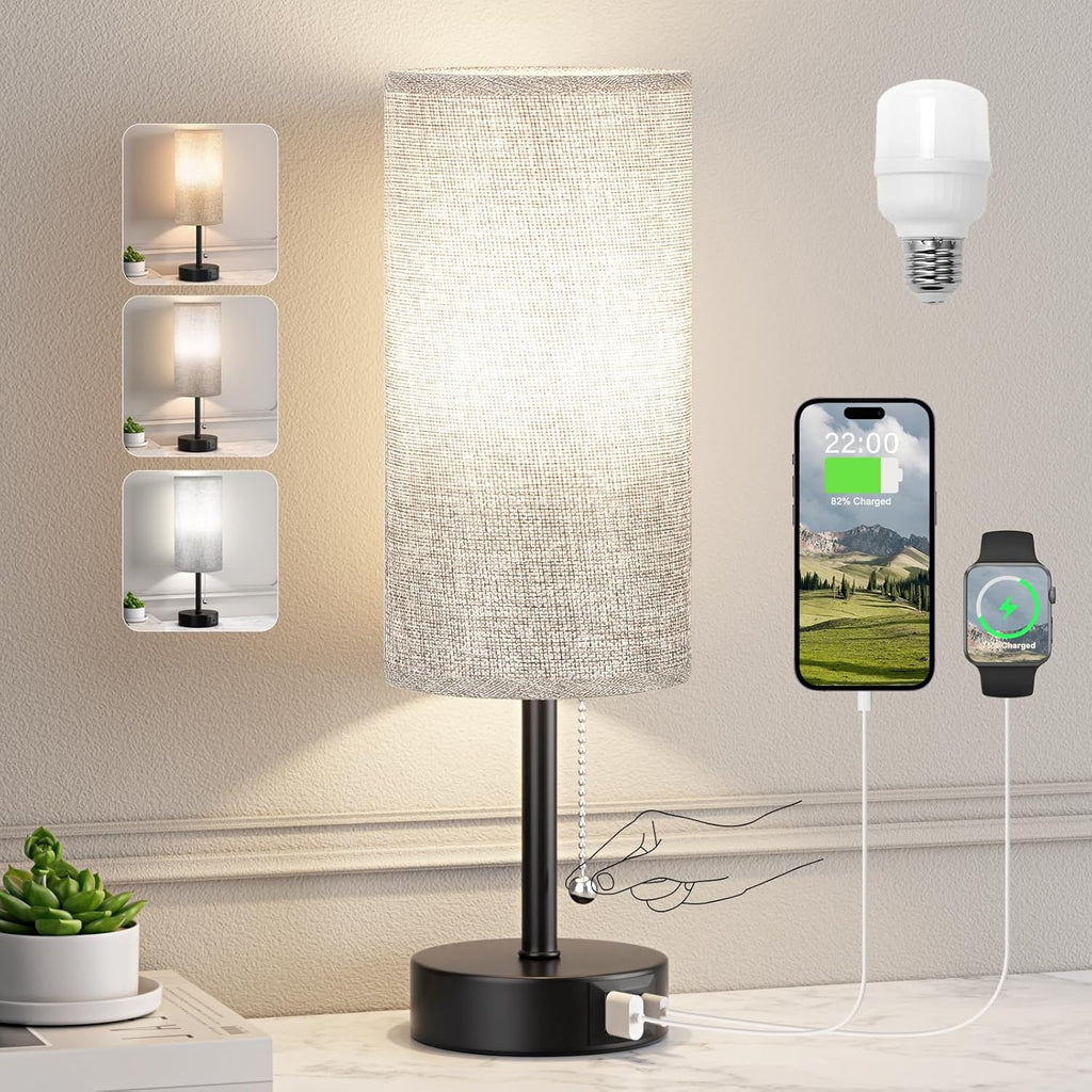 Grey Bedside Lamp for Bedroom Nightstand - Small Table Lamp with USB A + C Charging Port, 3 Color Temperatures Pull Chain Night Stand…