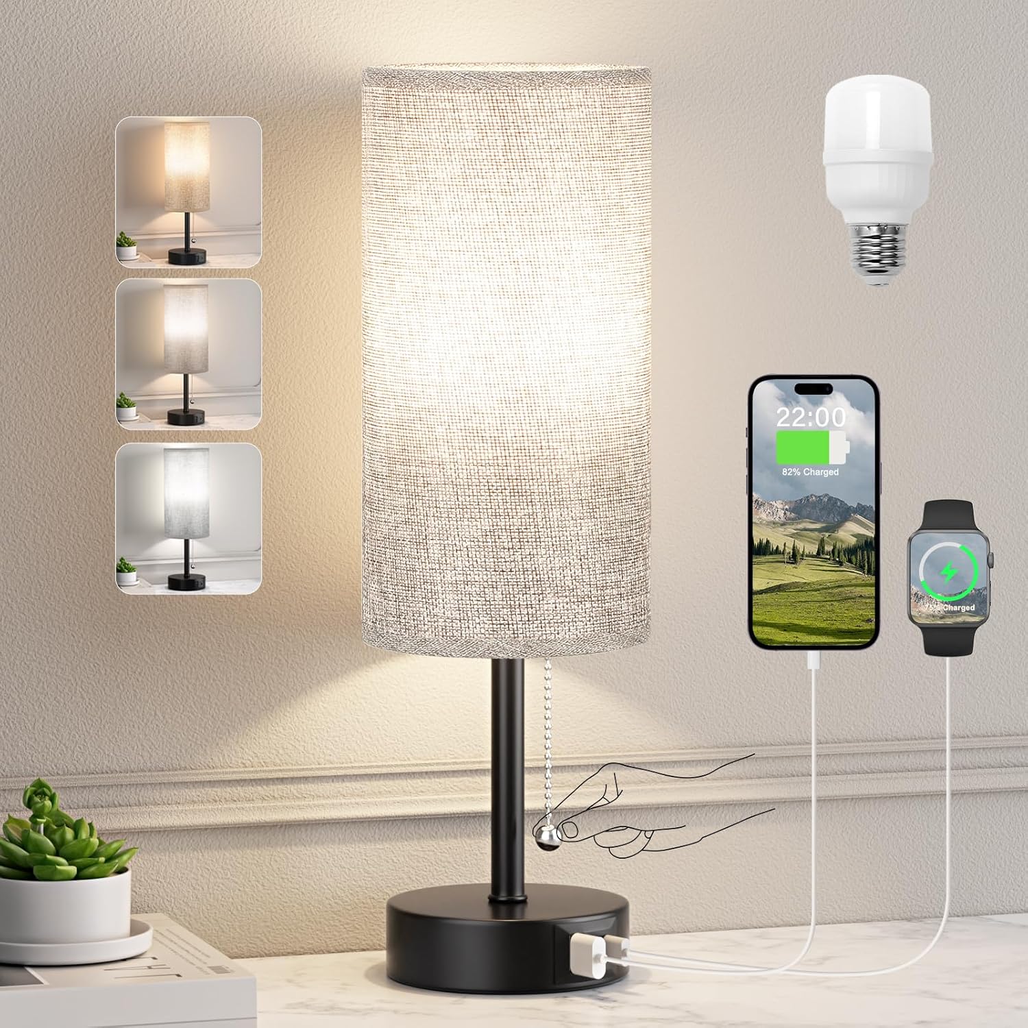 Grey Bedside Lamp for Bedroom Nightstand - Small Table Lamp with USB A + C Charging Port, 3 Color Temperatures Pull Chain Night Stand…