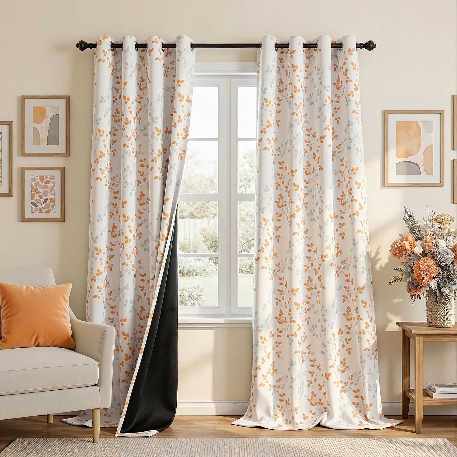 Meetsky 95% Blackout Curtains for Living Room - Orange Leaf Printed Curtain 96 Inches Long 2 Panel Set Thermal Insulated Room Darkening Gro…