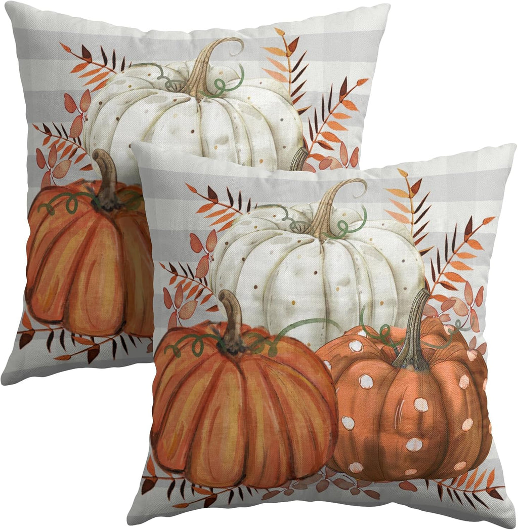 Fall Pumpkins Outdoor Pillows 20x20 Inch Set of 2 Autumn Harvest Pumpkin Pillowcase Buffalo Plaid Maple Leaves Decorative Throw Cushion…