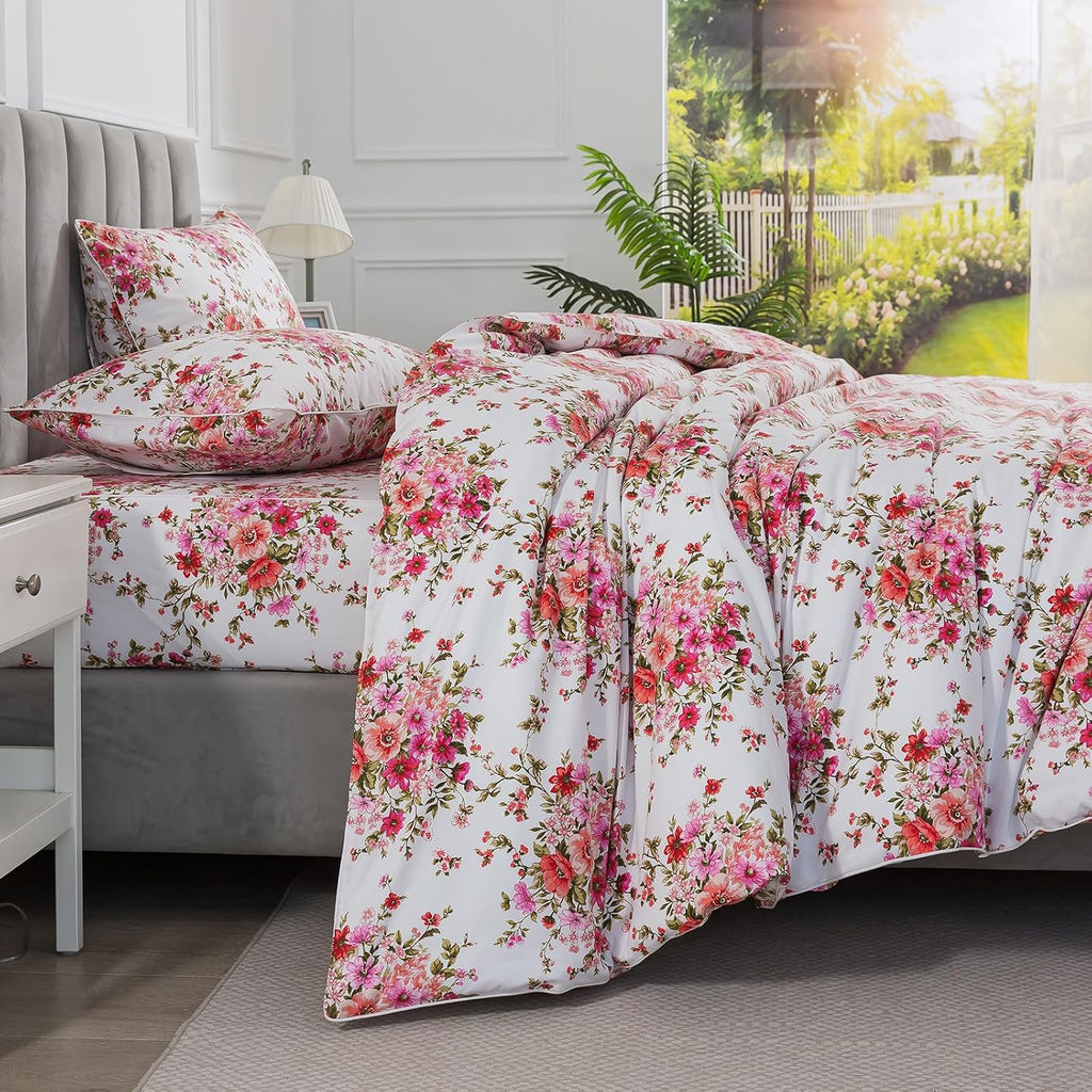 Puralens Pink Floral Boho Duvet Cover Queen Size 100% Cotton 3Pcs Set, White Percale Reversible Shabby Red Flower Print Chic Duvet Covers,…