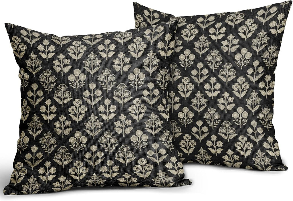 Black Floral Pillow Covers 22x22 Inch Set of 2, Vintage Flower Block Print Decorative Throw Pillowcases Outdoor Farmhouse Cushion Covers…