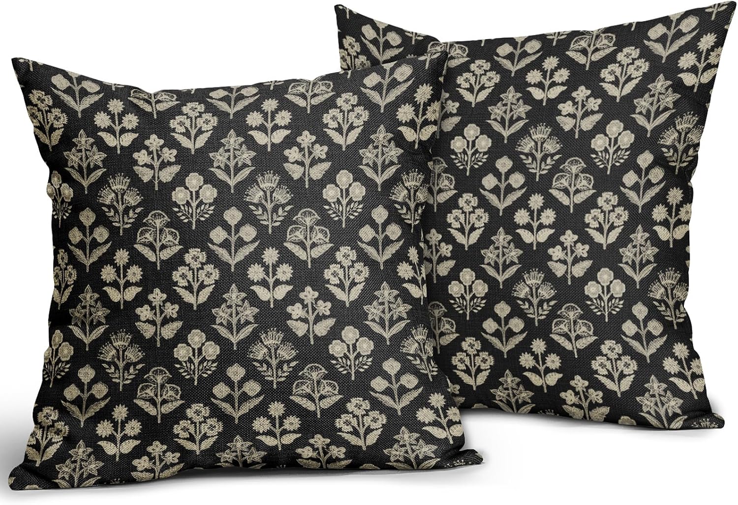 Black Floral Pillow Covers 22x22 Inch Set of 2, Vintage Flower Block Print Decorative Throw Pillowcases Outdoor Farmhouse Cushion Covers…