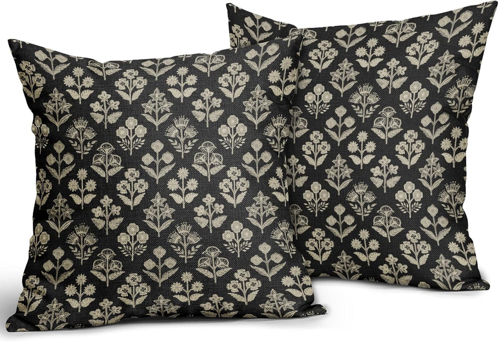 Black Floral Block Print Pillow Covers 16x16 Inch Set of 2, Vintage Flower Pattern Decorative Throw Pillowcases Outdoor Farmhouse Cushion…