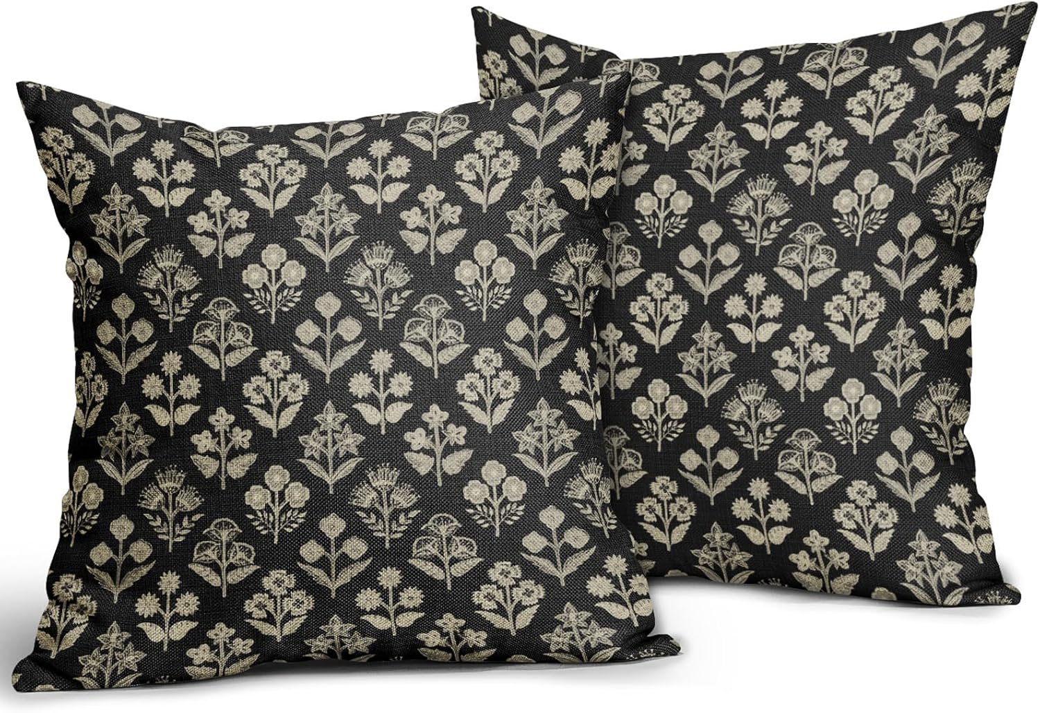 Black Floral Block Print Pillow Covers 16x16 Inch Set of 2, Vintage Flower Pattern Decorative Throw Pillowcases Outdoor Farmhouse Cushion…
