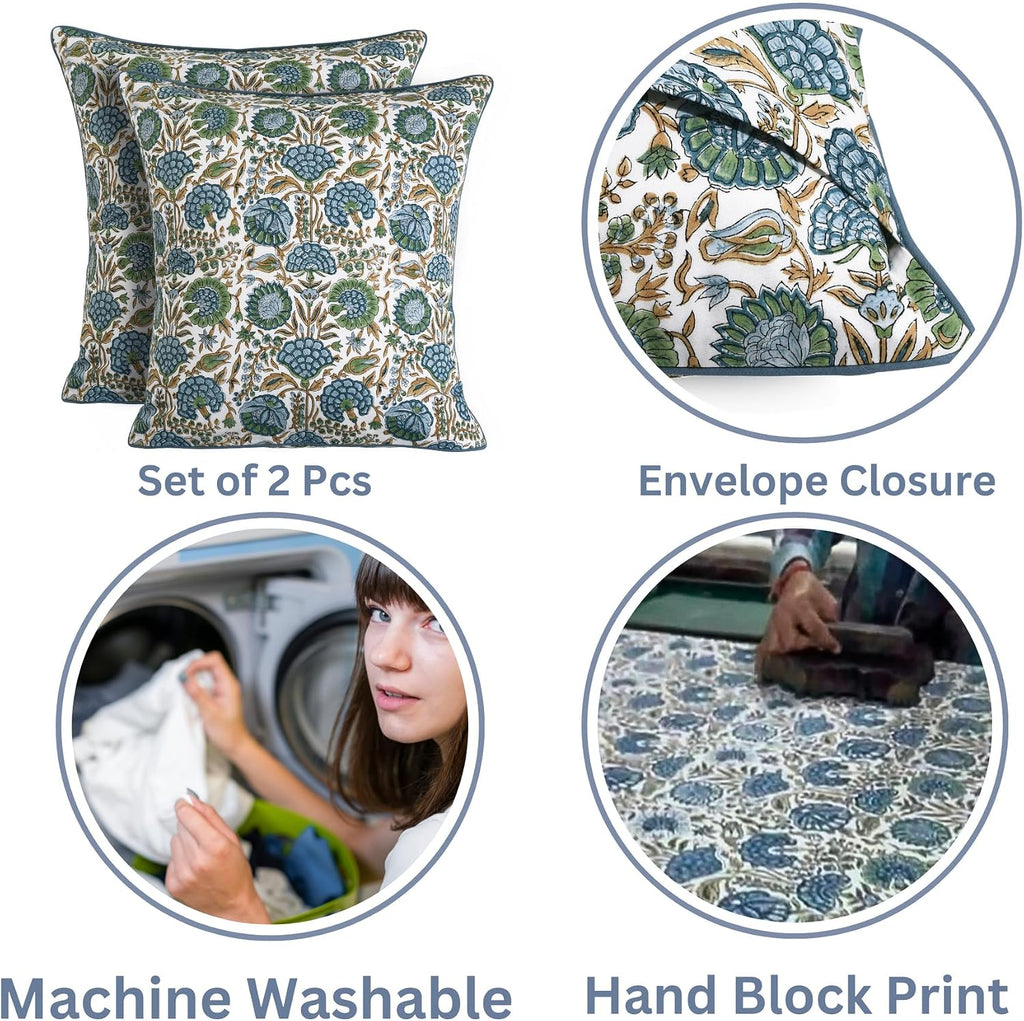 Ridhi Block Print Asparagus Green Pillow Cover 24" x 24" (Pack of 2) Decorative Couch Pillows for Living Room, Farmhouse Chic Boho Cute Out…