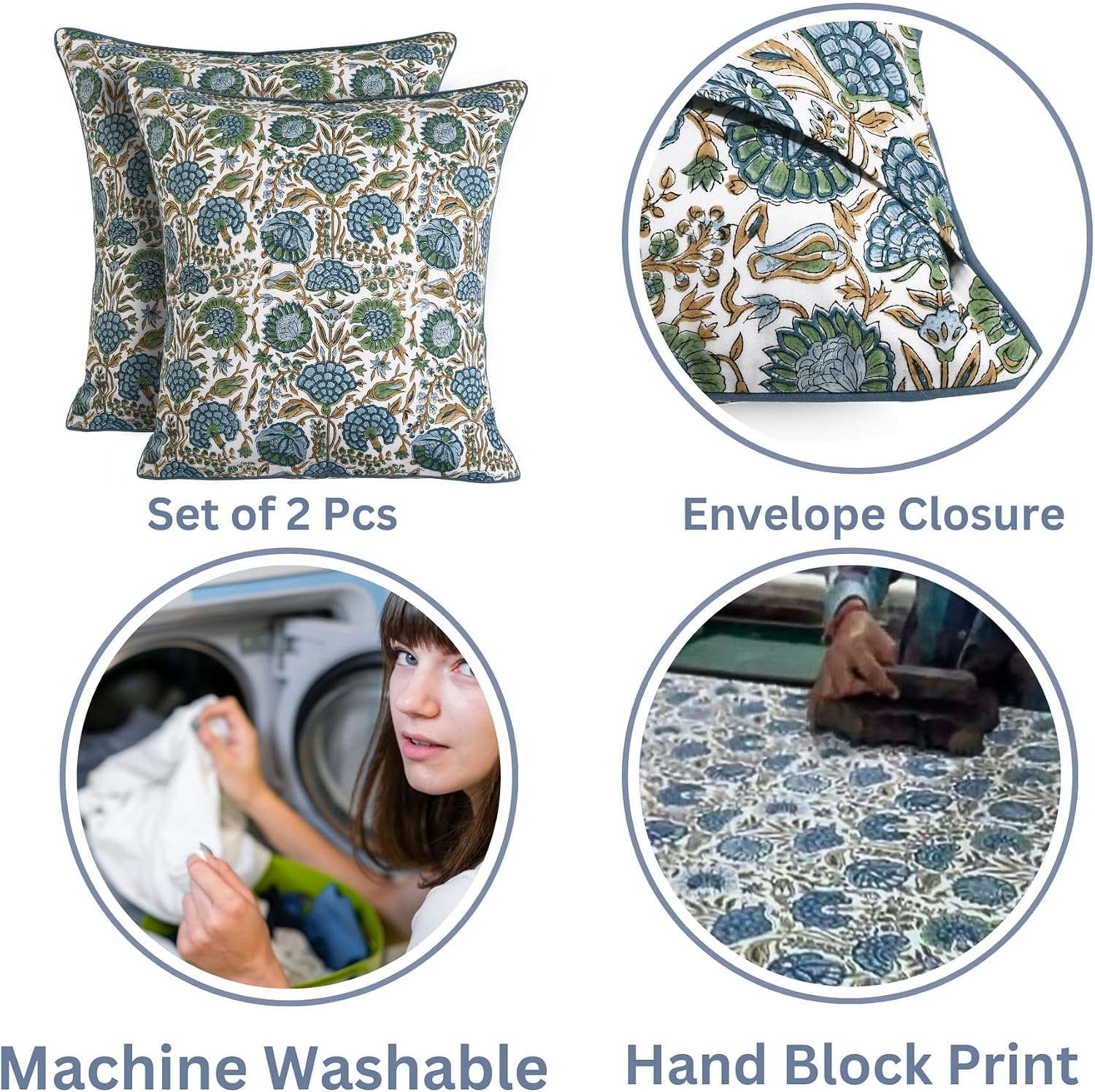 Ridhi Block Print Asparagus Green Pillow Cover 24" x 24" (Pack of 2) Decorative Couch Pillows for Living Room, Farmhouse Chic Boho Cute Out…