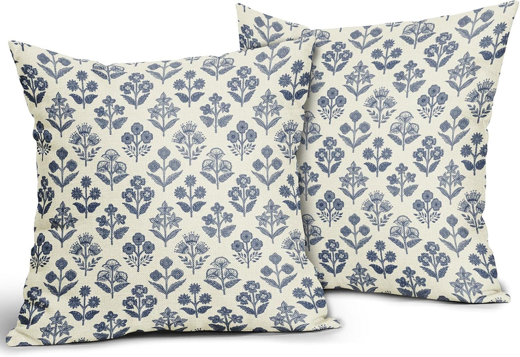 Dark Blue Floral Pillow Covers 24x24 Inch Set of 2, Vintage Flower Block Print Pattern Decorative Throw Pillowcases Outdoor Farmhouse…