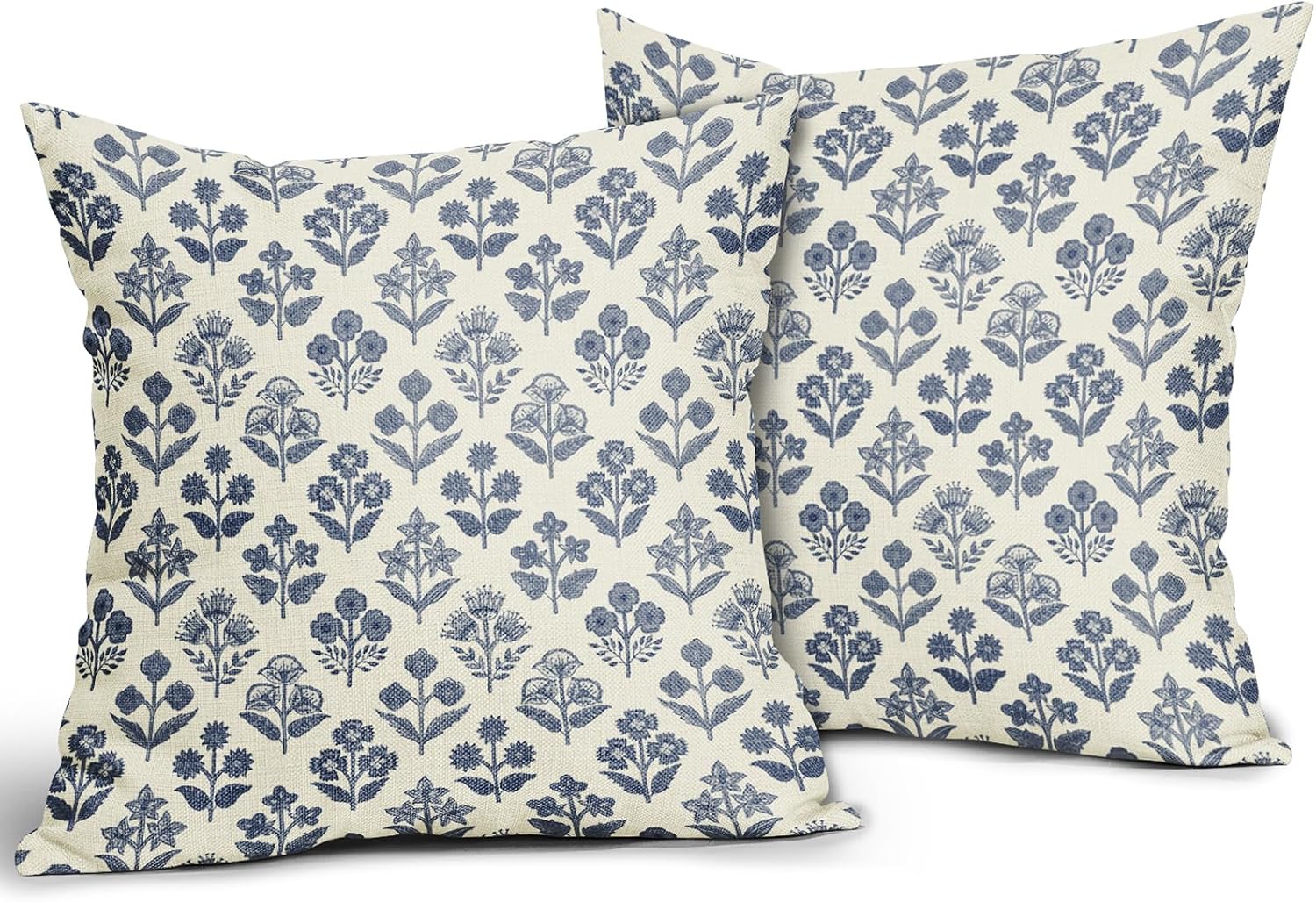 Dark Blue Floral Pillow Covers 24x24 Inch Set of 2, Vintage Flower Block Print Pattern Decorative Throw Pillowcases Outdoor Farmhouse…